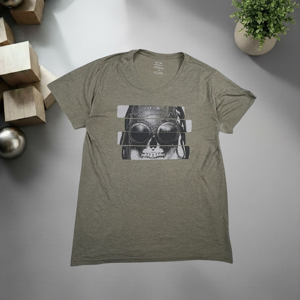 Oakley Skull Goggles Graphic Tee Shirt Green Heather Y2K Streetwear Large